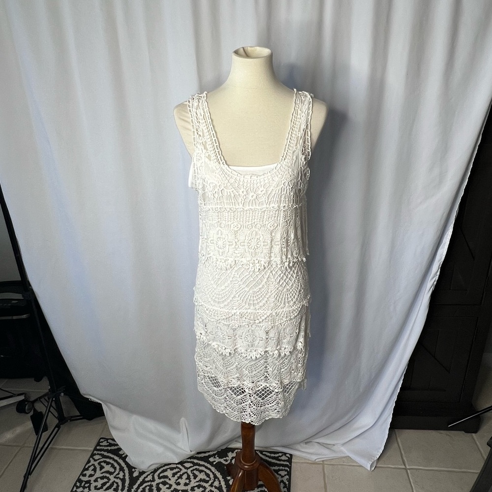 Venus White Crochet Lace Sleeveless Dress Size M Boho Beach Cover-Up